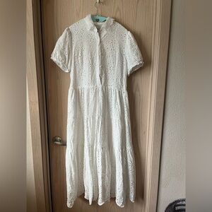 CHICWISH Cotton White Eyelet Button-Front Midi Dress